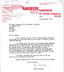Letter to the Lord Mayor of Belfast by Sir Matt Busby.